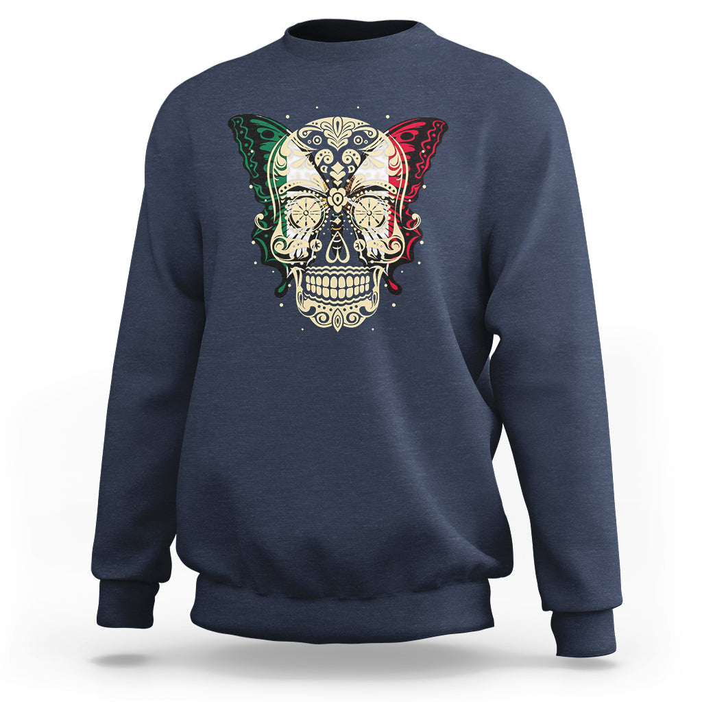 Navy crewneck sweatshirt with colorful sugar skull and butterfly graphic on chest