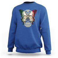 Royal blue crewneck sweatshirt with colorful sugar skull and butterfly graphic on chest