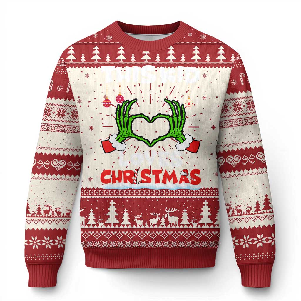 Kids ugly Christmas sweater, red and white knit with green heart skeletal hands