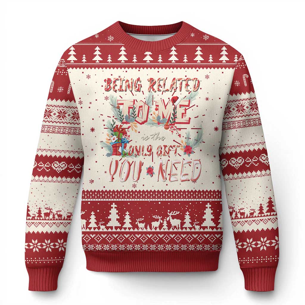 Red and cream crewneck Christmas sweater with tree and festive pattern print