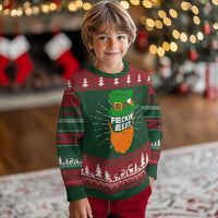 Kids knitted crewneck sweatshirt in green with red-and-white tree pattern and leprechaun graphic
