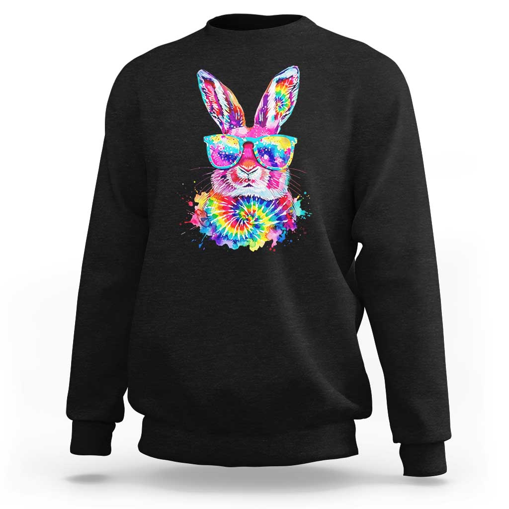 Colorful Tie Dye Bunny with Sunglasses Sweatshirt Cool Easter Rabbit Retro Hippie Vibe Graphic Gift
