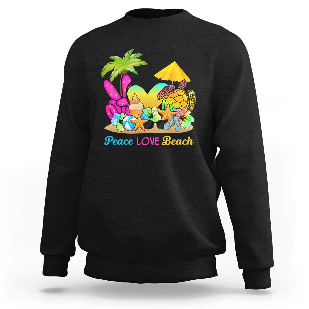 Black sweatshirt with colorful 'Peace LOVE Beach' tropical graphic on the front