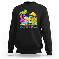 Black sweatshirt with colorful 'Peace LOVE Beach' tropical graphic on the front