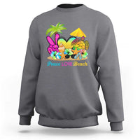 Charcoal gray sweatshirt with colorful 'Peace LOVE Beach' tropical graphic on the front