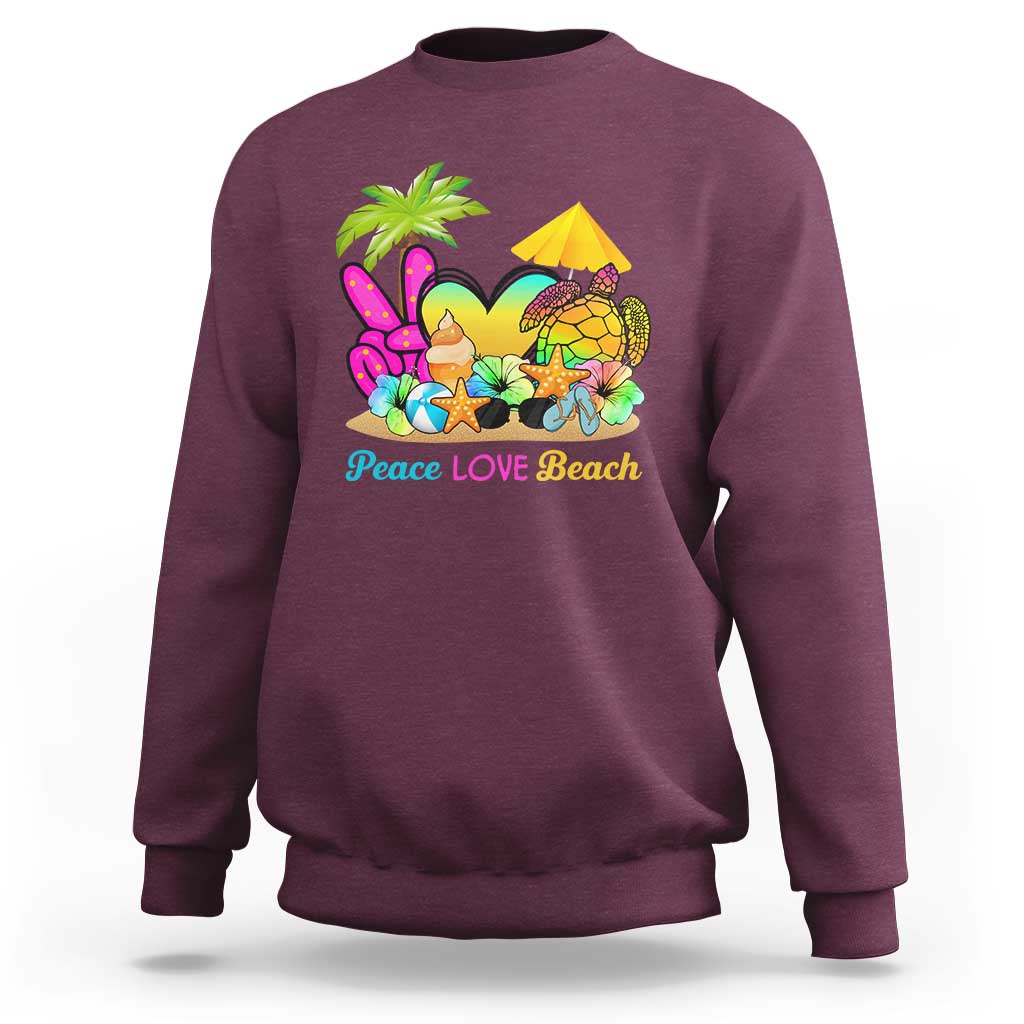 Maroon sweatshirt with colorful 'Peace LOVE Beach' tropical graphic on the front