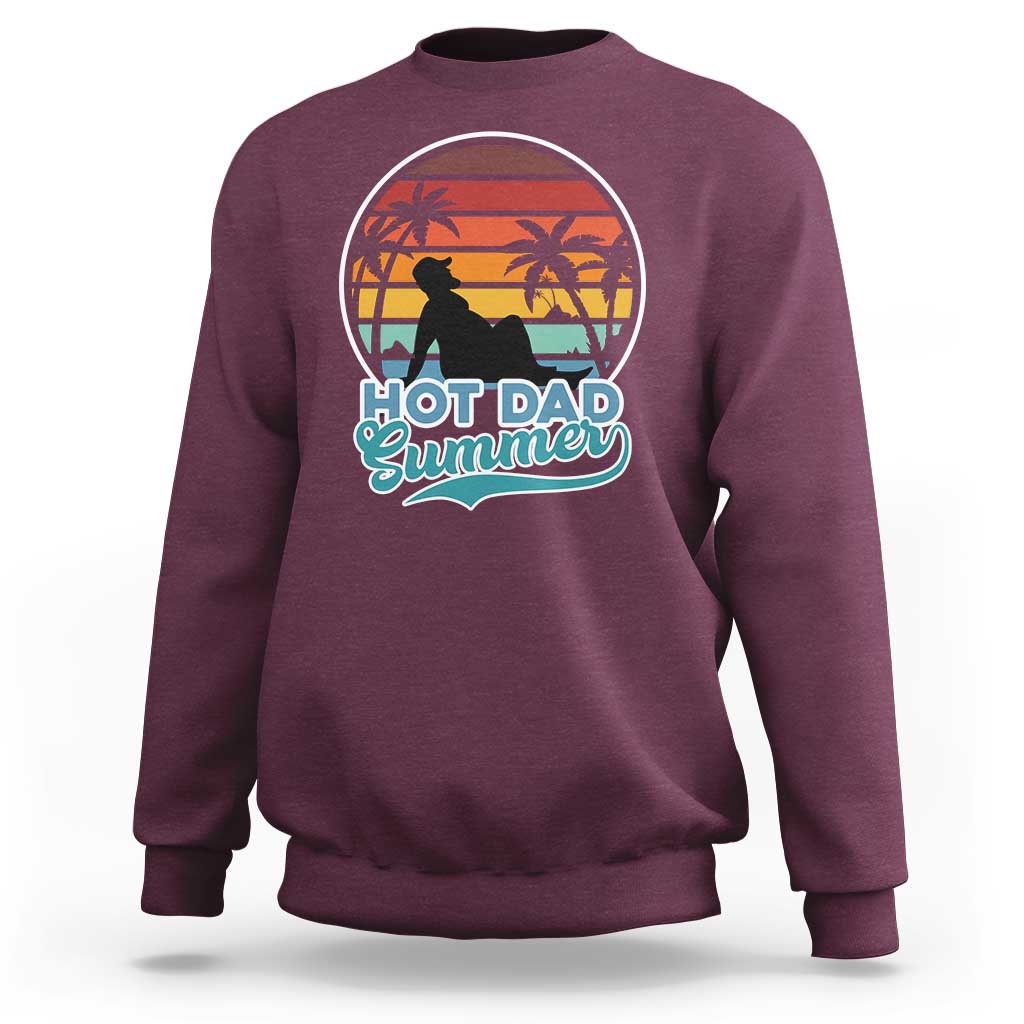 Men's maroon sweatshirt with 'Hot Dad Summer' beach graphic on front