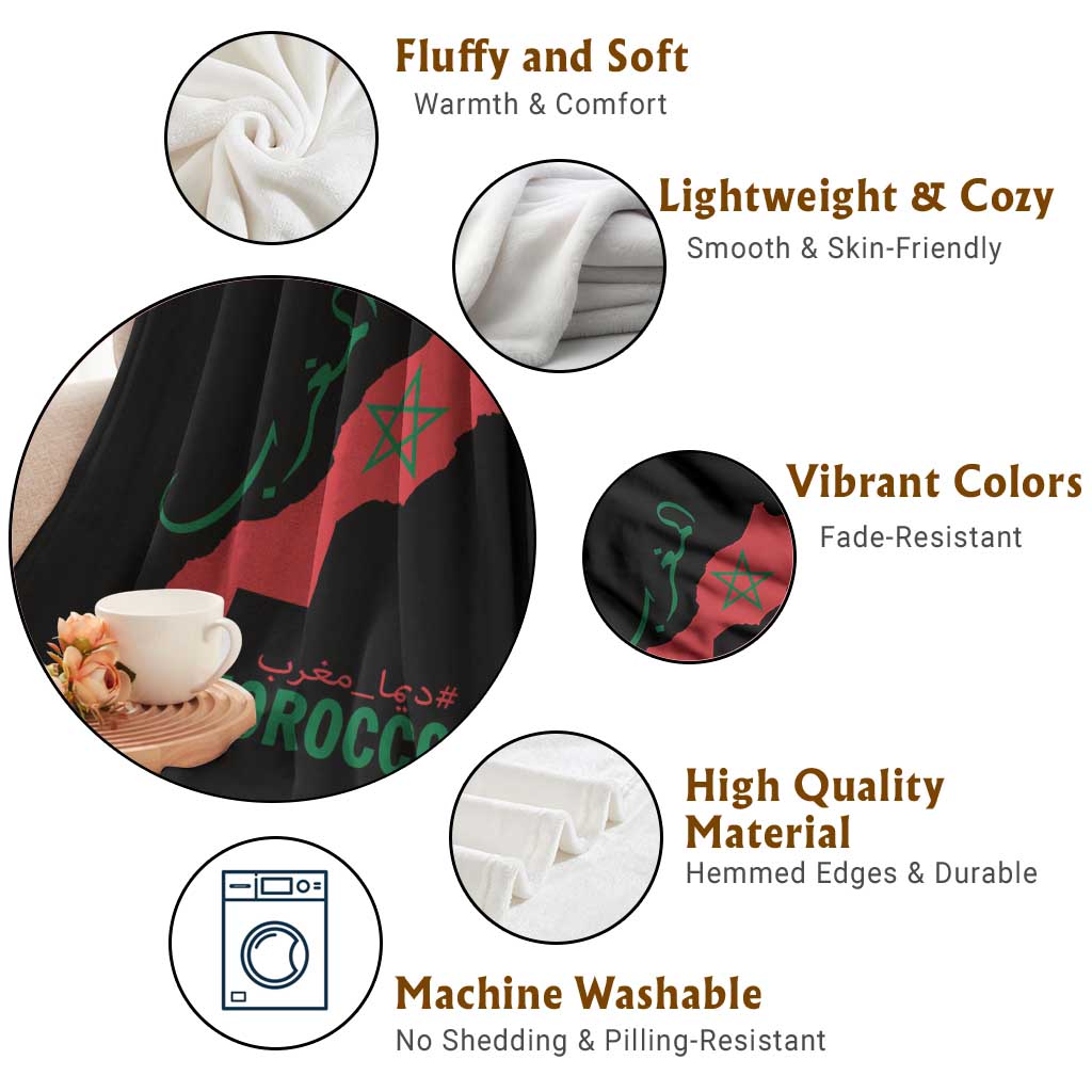 Morocco Map Dima Maghrib with Arabic Calligraphy Throw Blanket Maghreb Traditional Moroccan Roots Graphic