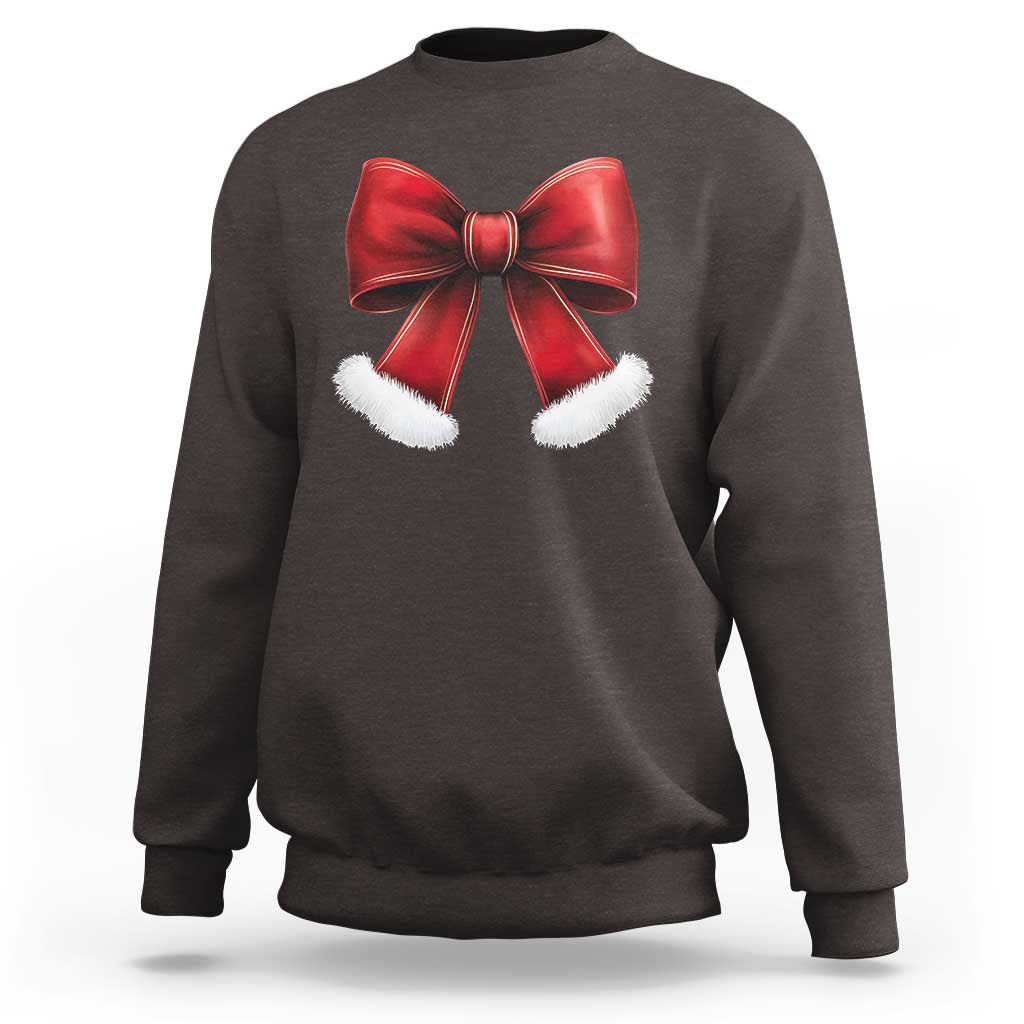 Dark chocolate brown sweatshirt with red bow and white furry trim on front