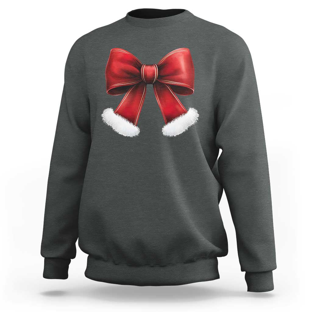 Dark heather gray sweatshirt with red bow and white furry trim centered