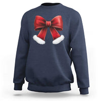 Navy sweatshirt with red ribbon bow and white furry trim on the chest