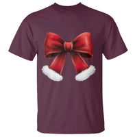 Maroon t-shirt with large red bow graphic and white fluffy trim at bottom