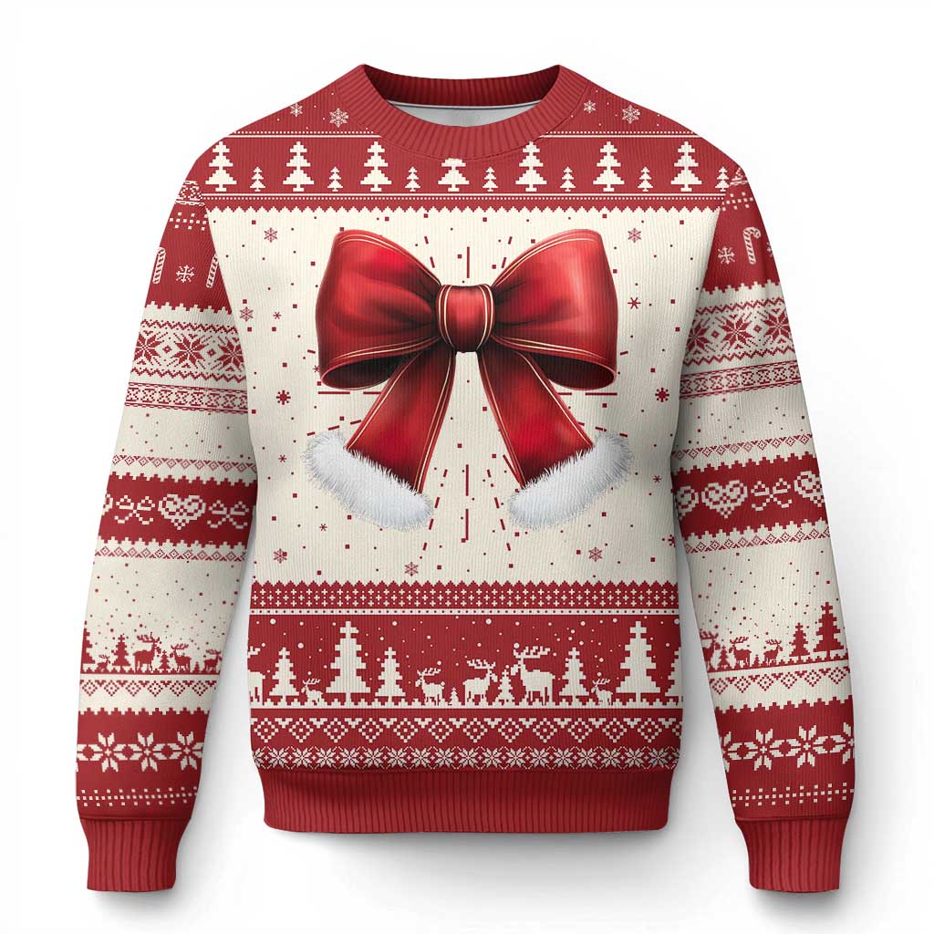 Red holiday sweater with large red bow and white pom-pom accents