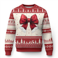 Red and cream Christmas sweater with large red bow and white-trim cuff details