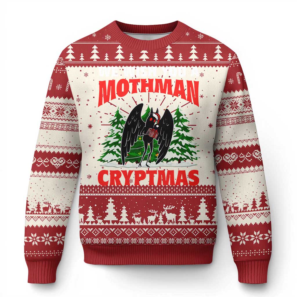 Red ugly Christmas sweater with Mothman Cryptmas graphic and fair isle trim