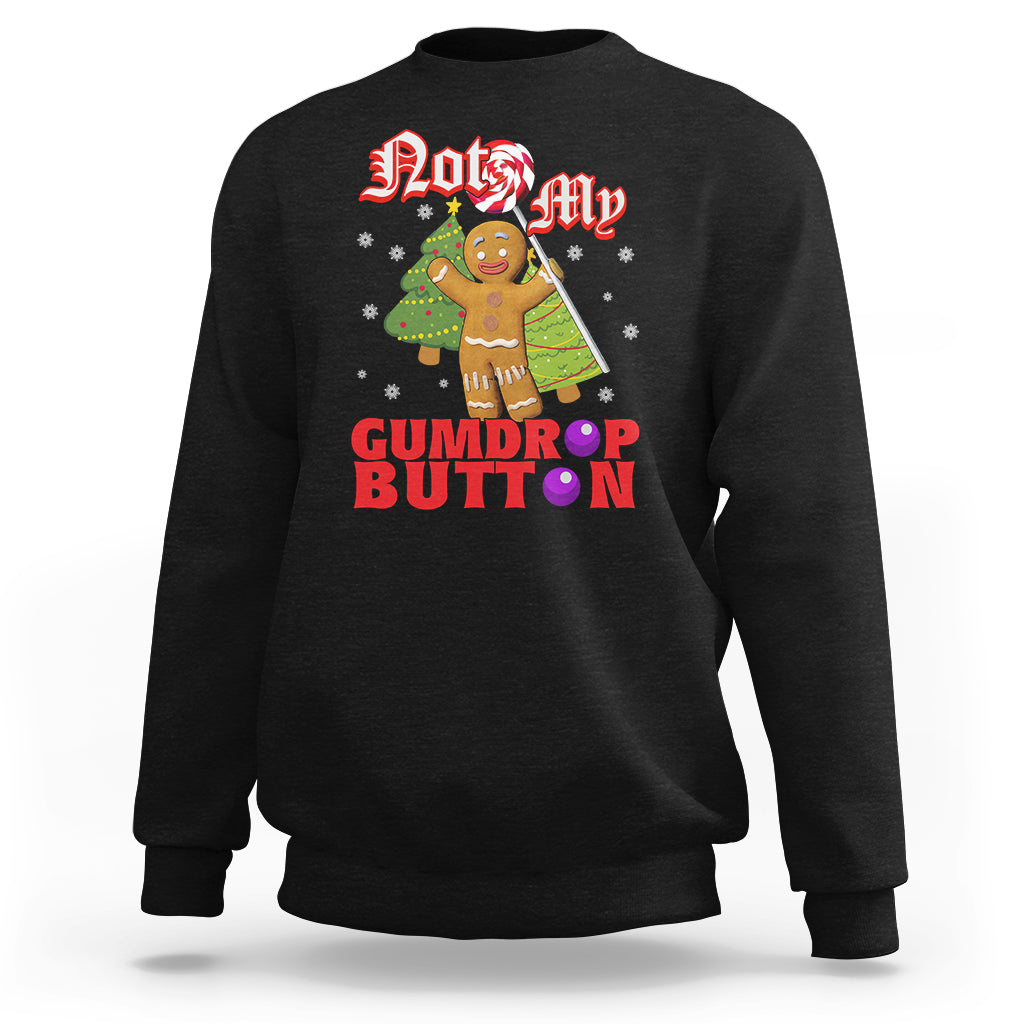 Black crewneck sweatshirt with gingerbread cookie graphic and festive text