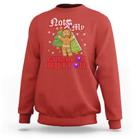 Red crewneck sweatshirt with gingerbread cookie graphic and festive text
