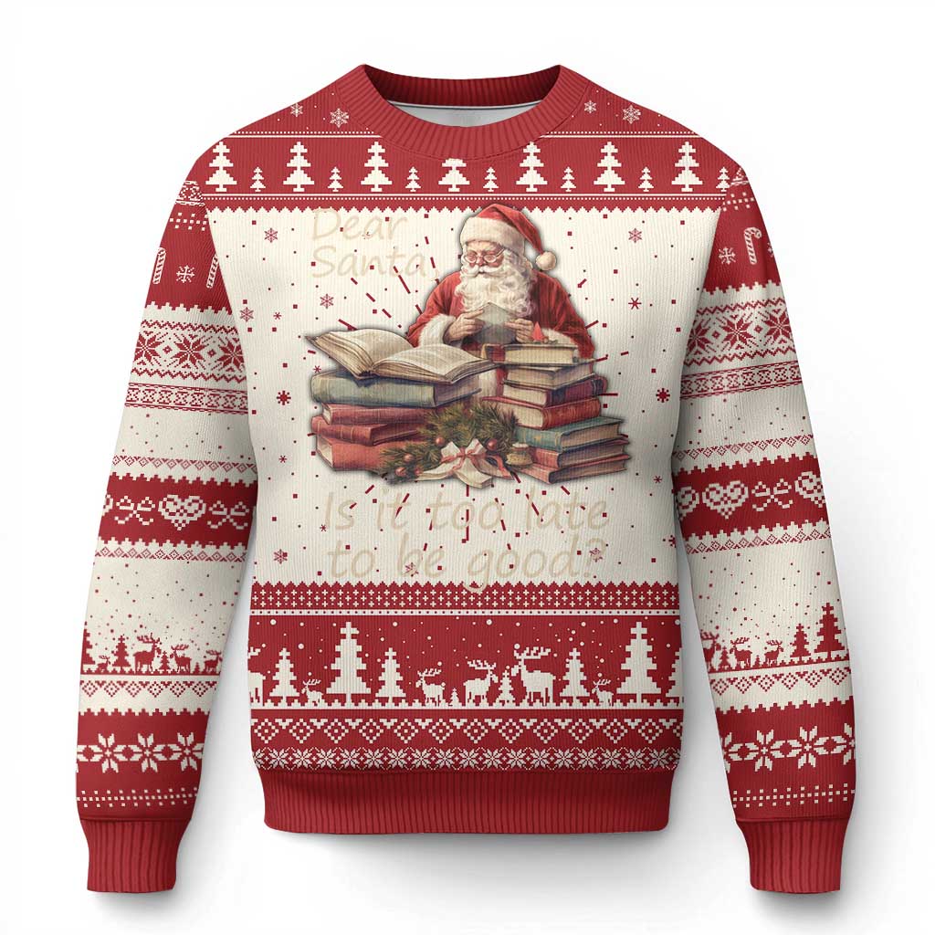 Red and white Christmas ugly sweater with Santa reading books and fair isle pattern