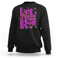 Black Mardi Gras sweatshirt with 'Let the Good Times Roll' purple-gold graphic
