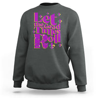 Dark heather gray Mardi Gras sweatshirt with 'Let the Good Times Roll' purple-gold graphic