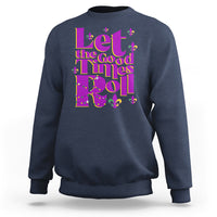 Navy Mardi Gras sweatshirt with 'Let the Good Times Roll' purple-gold graphic