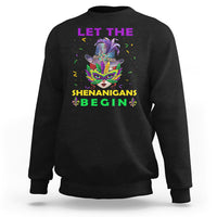 Black crewneck sweatshirt with colorful Mardi Gras mask graphic and “LET THE SHENANIGANS BEGIN”.