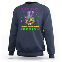 Navy crewneck sweatshirt with colorful Mardi Gras mask graphic and “LET THE SHENANIGANS BEGIN”.