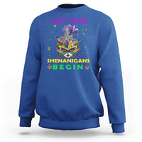 Royal blue crewneck sweatshirt with colorful Mardi Gras mask graphic and “LET THE SHENANIGANS BEGIN”.