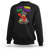 Black crewneck sweatshirt with colorful crawfish graphic and slogan print