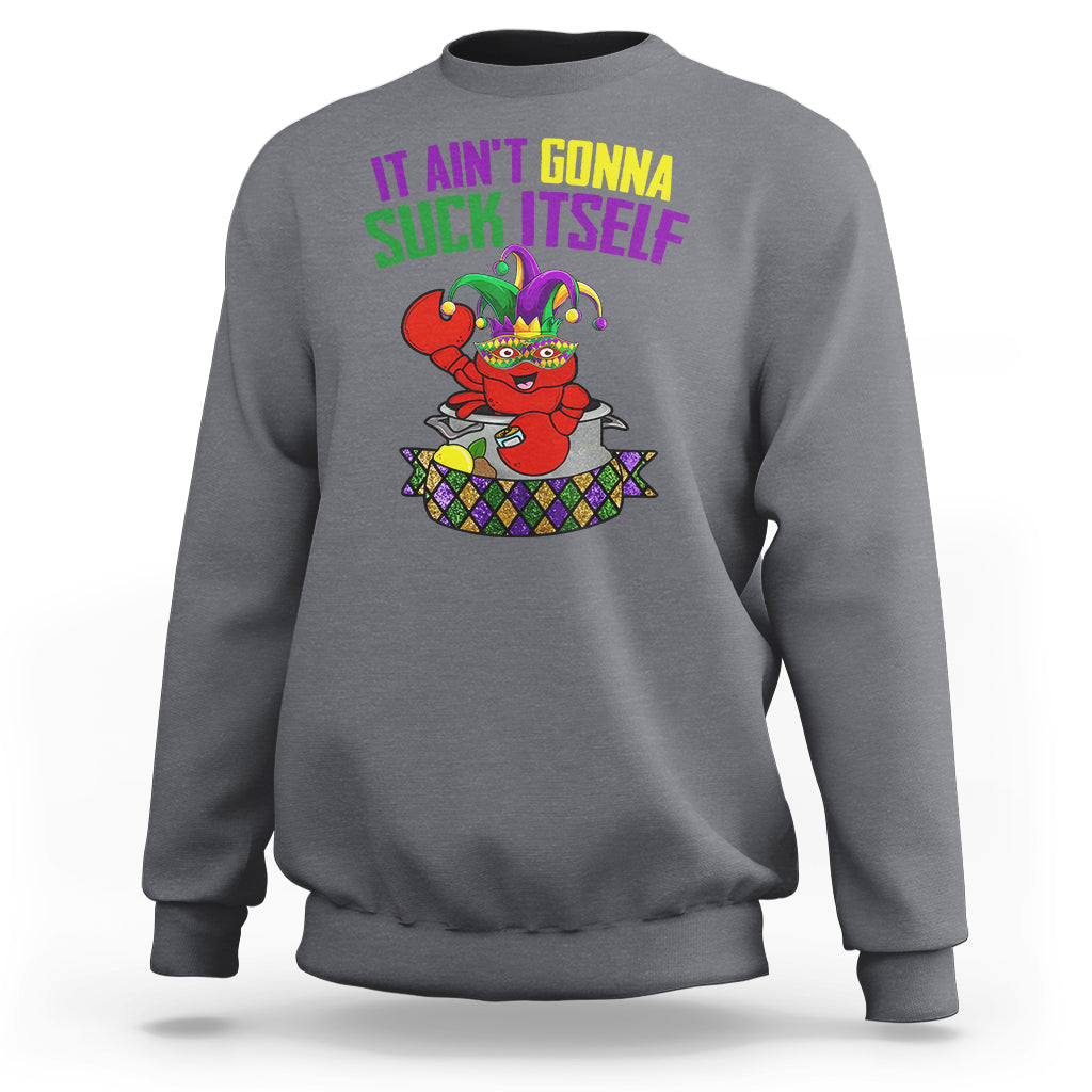 Charcoal crewneck sweatshirt with colorful crawfish graphic and slogan print