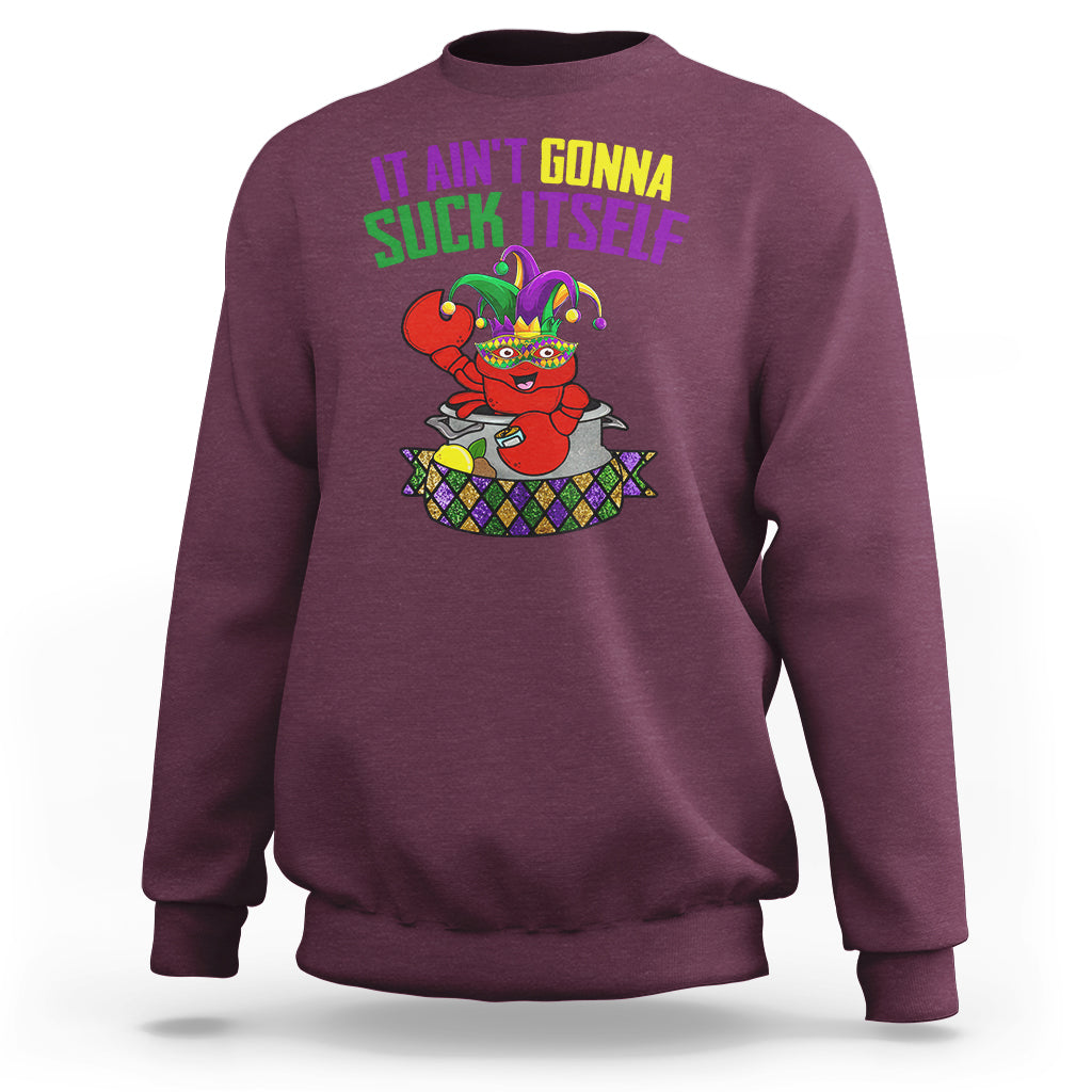 Maroon crewneck sweatshirt with colorful crawfish graphic and slogan print