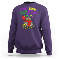 Purple crewneck sweatshirt with colorful crawfish graphic and slogan print