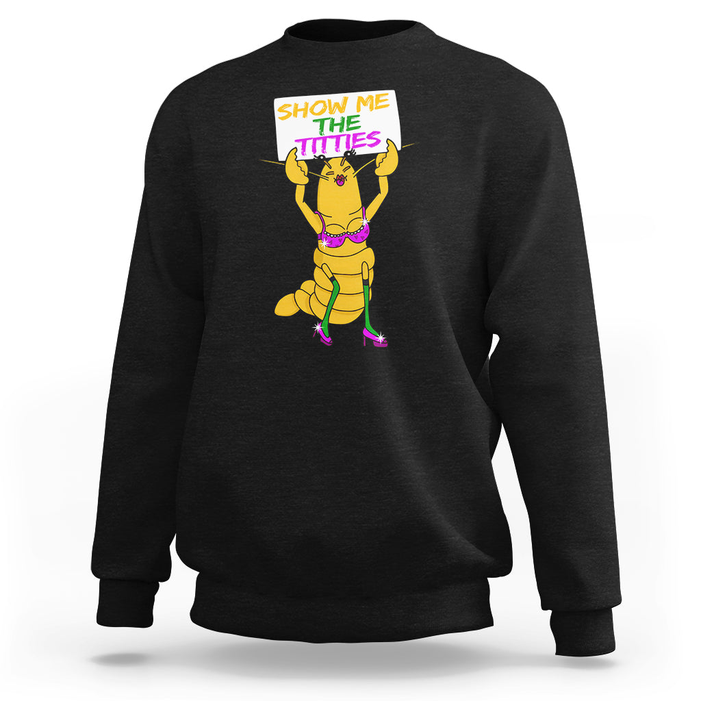 Black crewneck sweatshirt with colorful cartoon crawfish dancer graphic