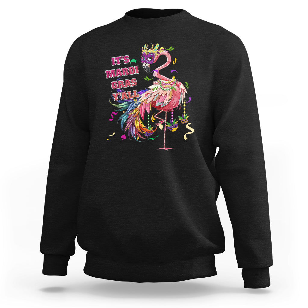 Black crewneck sweatshirt with colorful flamingo Mardi Gras graphic on chest