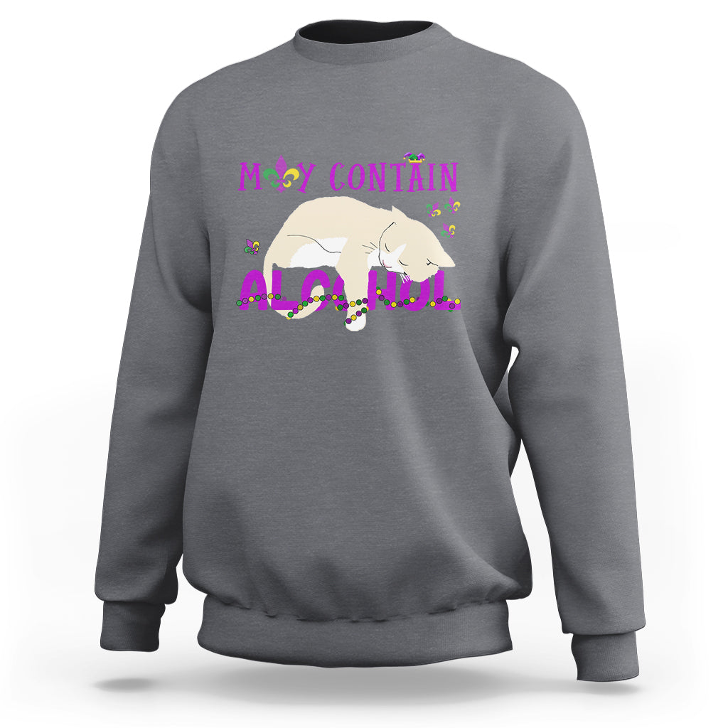 Men's crewneck sweatshirt, charcoal gray, cat graphic with “May contain alcohol” text.