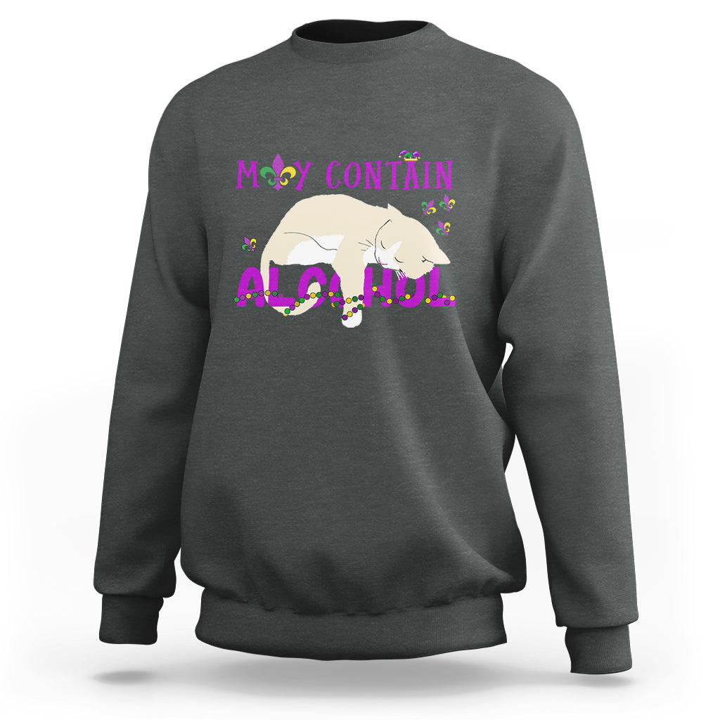 Men's crewneck sweatshirt, dark heather gray, cat graphic with “May contain alcohol” text.