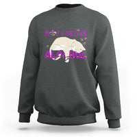 Men's crewneck sweatshirt, dark heather gray, cat graphic with “May contain alcohol” text.