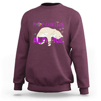 Men's crewneck sweatshirt, maroon, cat graphic with “May contain alcohol” text.