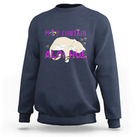 Men's crewneck sweatshirt, navy, cat graphic with “May contain alcohol” text.