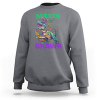Charcoal gray crewneck sweatshirt with colorful Mardi Grawr dinosaur graphic