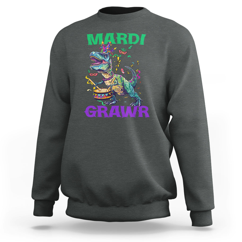 Dark gray crewneck sweatshirt with colorful Mardi Grawr dinosaur graphic