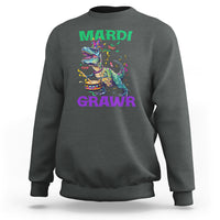 Dark gray crewneck sweatshirt with colorful Mardi Grawr dinosaur graphic