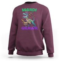 Maroon crewneck sweatshirt with colorful Mardi Grawr dinosaur graphic