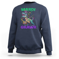 Navy crewneck sweatshirt with colorful Mardi Grawr dinosaur graphic