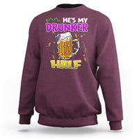 Maroon crewneck sweatshirt with "He's My Drunker Half" Mardi Gras graphic on back