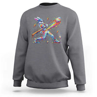 Cool Easter Bunny Baseball Player Neon Paint Splash Graphic Sweatshirt Funny Rabbit Sports with Egg Bat Hit Gift