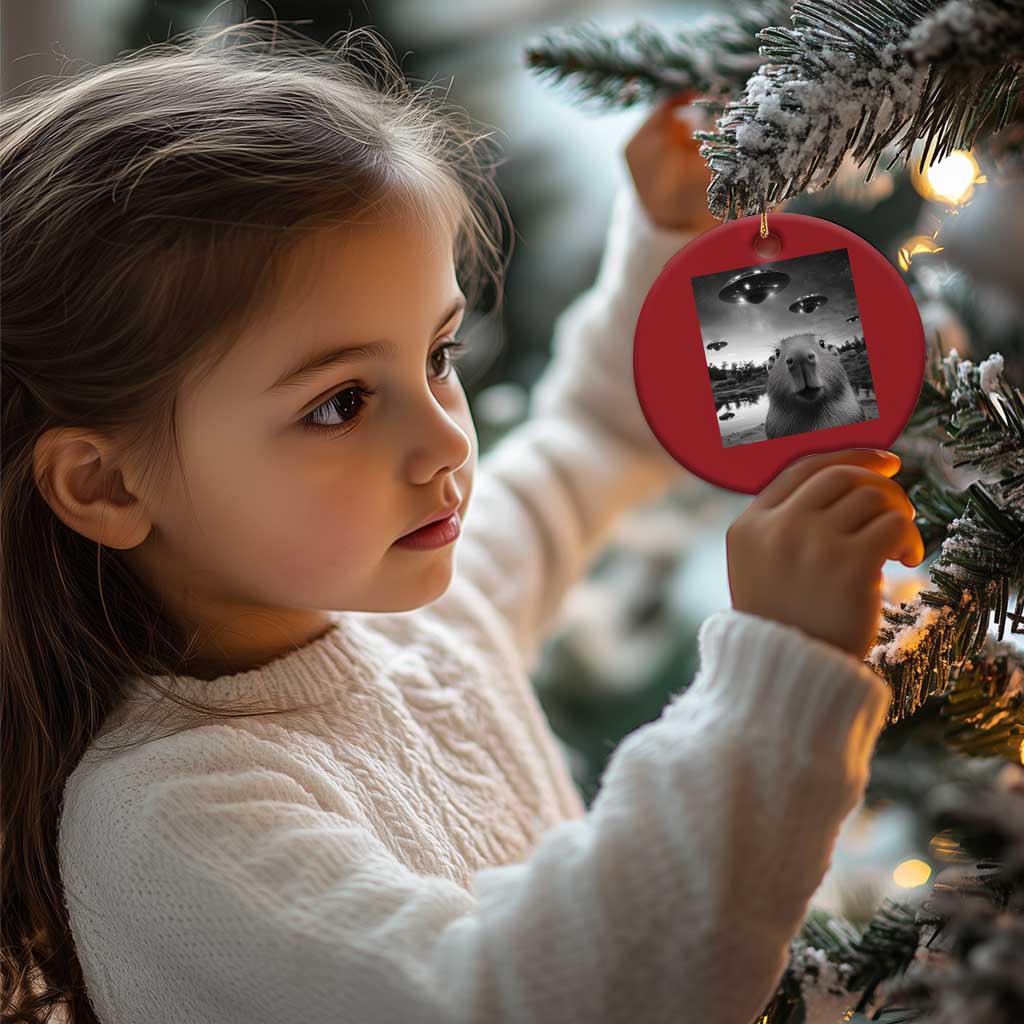 Red round Christmas ornament with capybara and UFO graphic, held near a Christmas tree