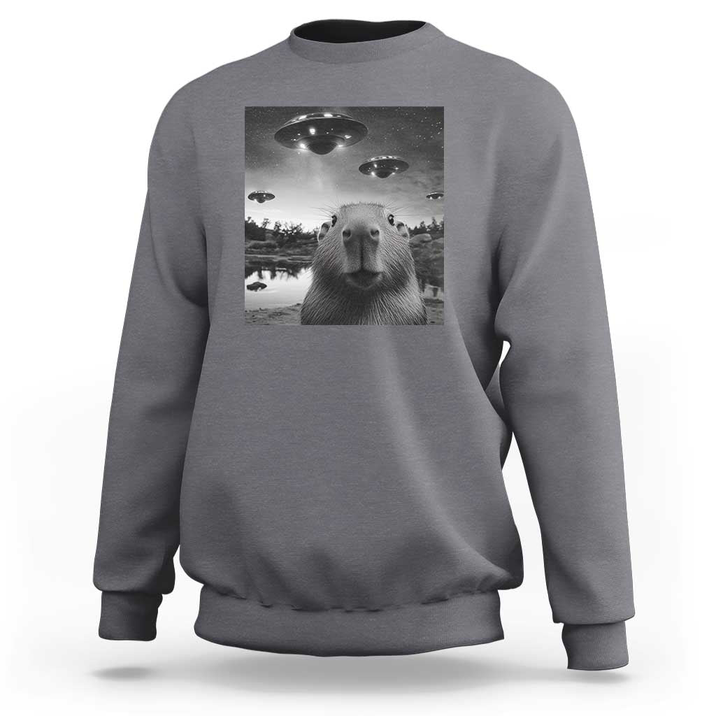 Dark heather gray crewneck sweatshirt with capybara graphic featuring UFO-style lights