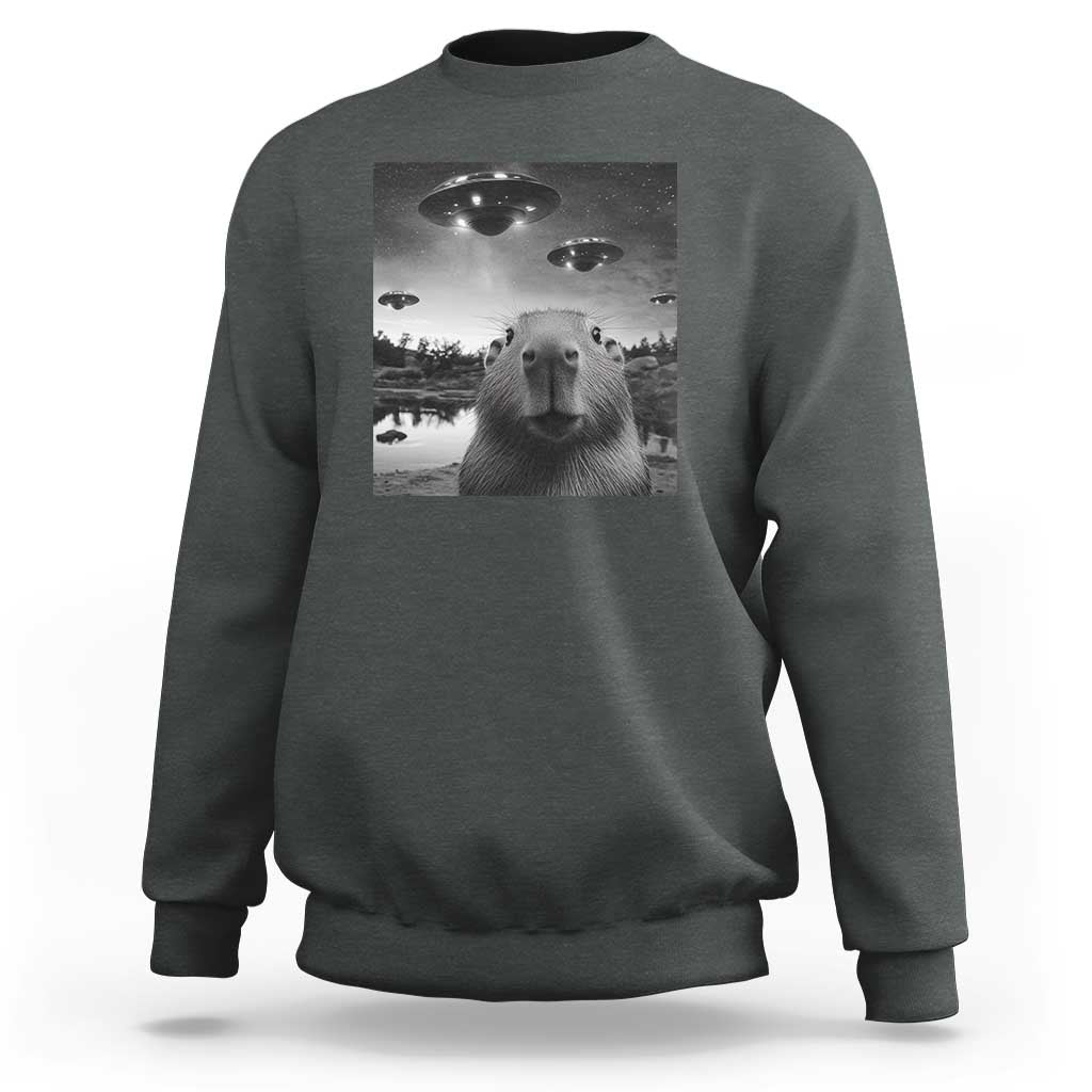 Charcoal crewneck sweatshirt with capybara graphic featuring UFO-style lights