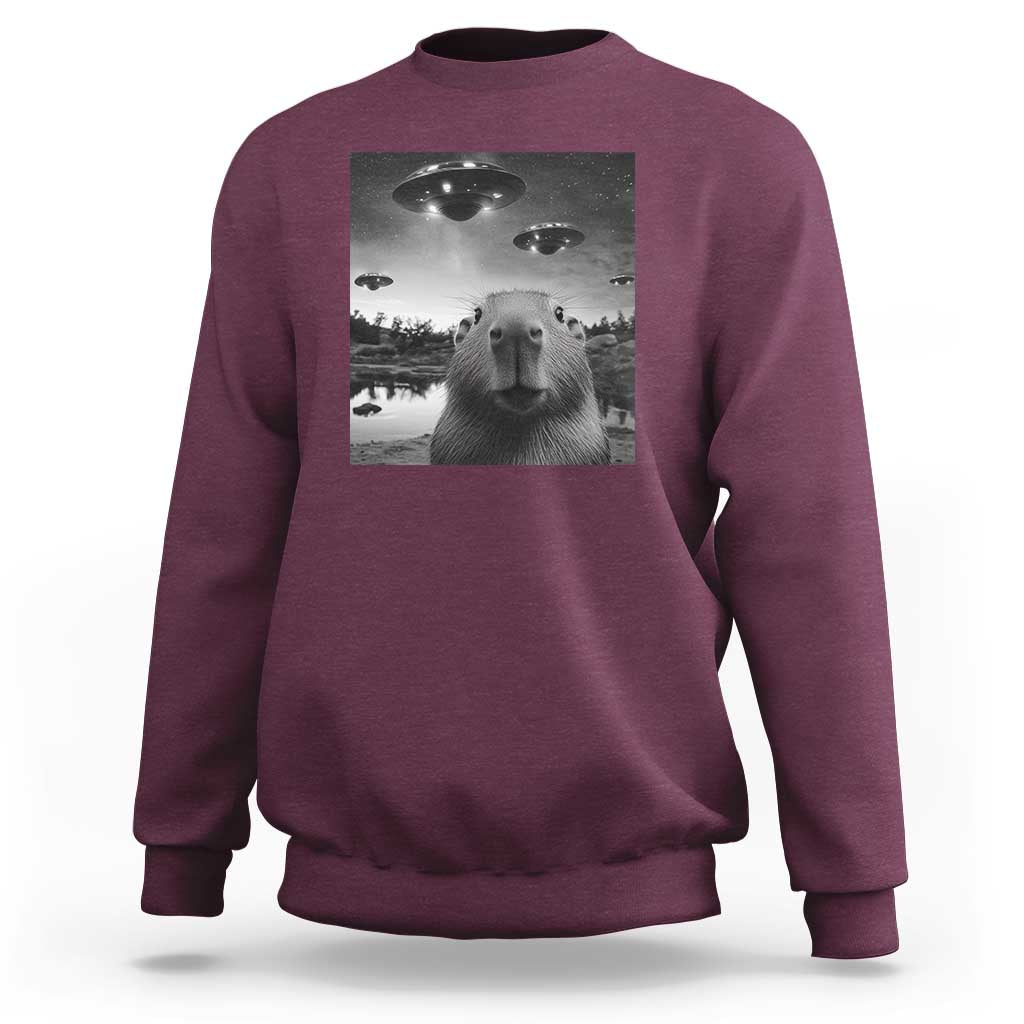 Maroon crewneck sweatshirt with capybara graphic featuring UFO-style lights